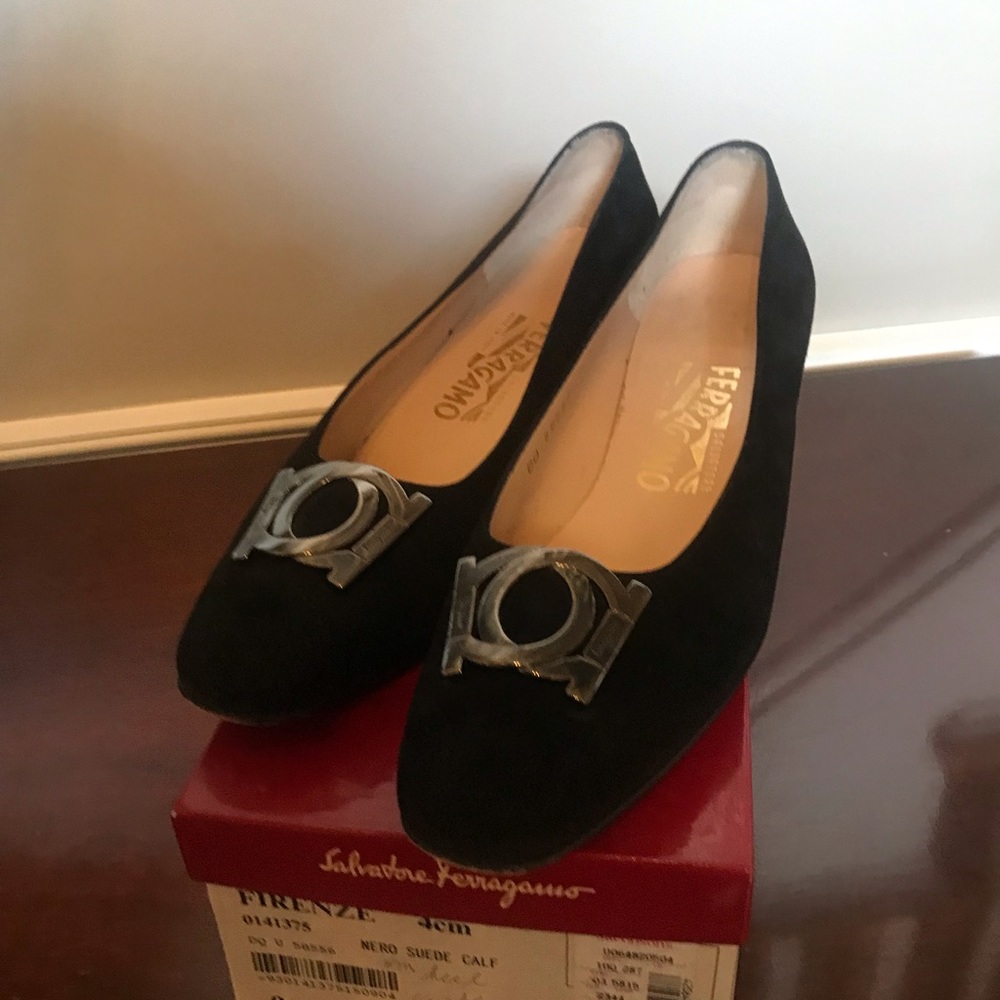 Black suede Ferragamo heels